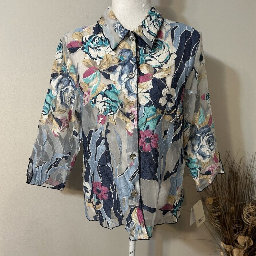 Vintage NWT Cynthia Max Relax WomenbFloral Top Sheer 3/4 Sleeve Button Up Size M